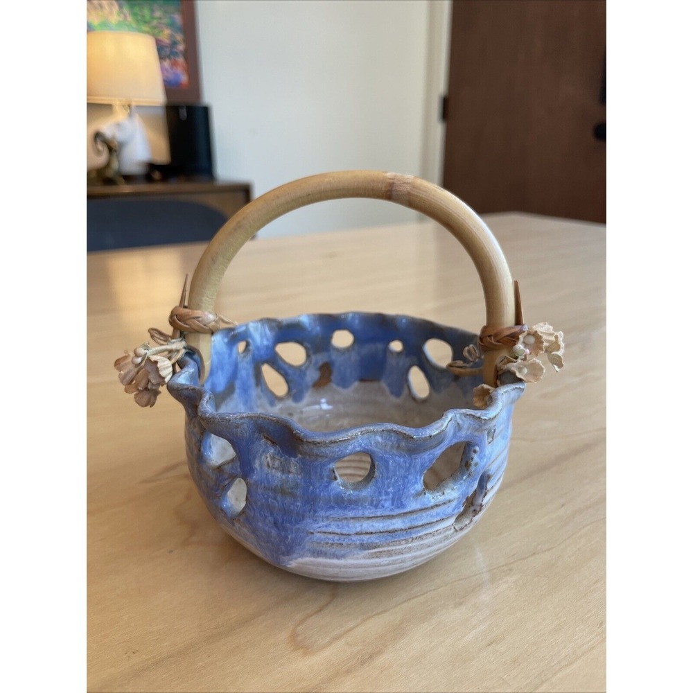 Pottery Basket Bamboo Handle Delicate Flowers Handmade Glazed Blue White Easter